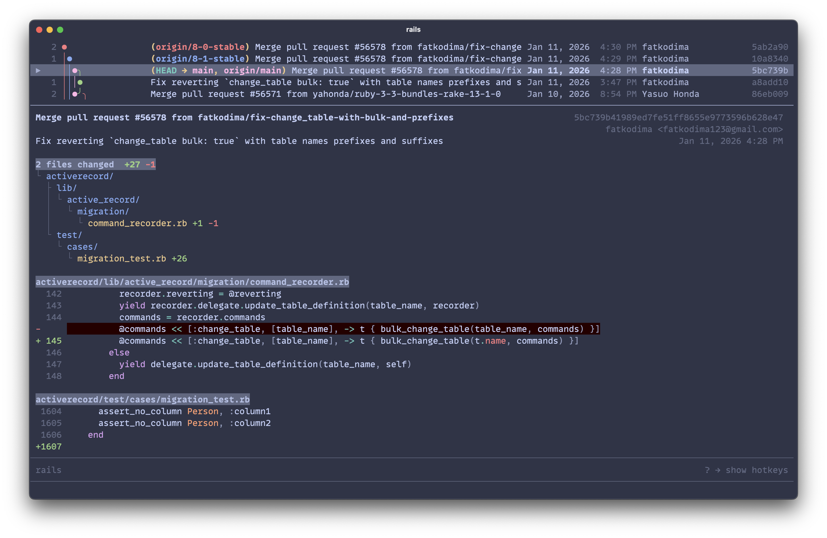 Commit detail view with diff