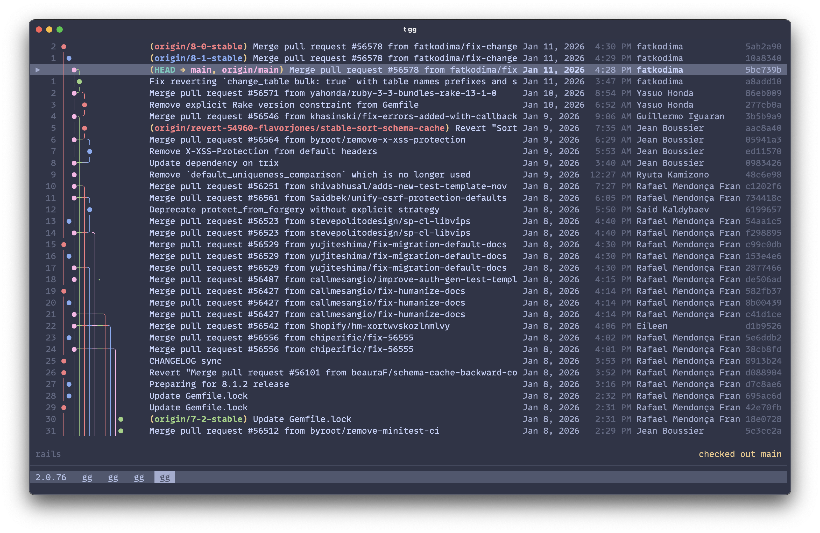 Main commit list view with git graph